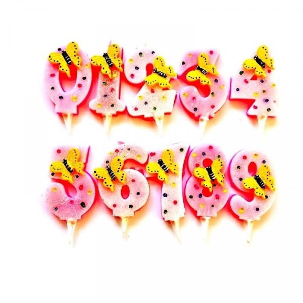 Свечи для торта Цифры | розовые+бабочка